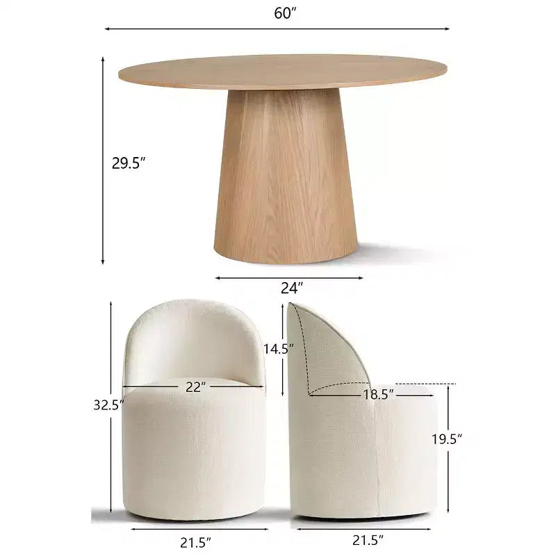 Conjunto de jantar moderno para 6 pessoas, mesa redonda com pé central, cadeiras giratórias tipo barril com rodas, chenille texturizado - Panipeachy