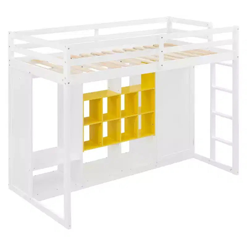 Kinder-Hochbett mit Kleiderschrank und Regalen, Holz-Hochbettrahmen mit Stauraumschrank für Kinder und Jugendliche