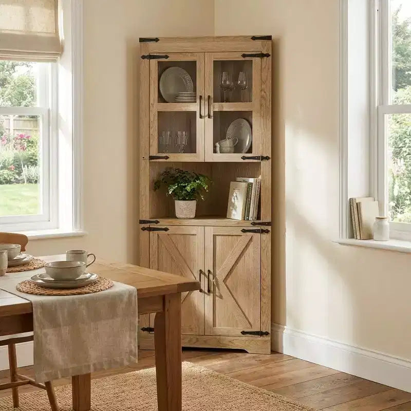 69" hoher Eckschrank im Landhausstil, platzsparender Eckschrank mit Stauraum, Glastür und verstellbaren Einlegeböden, für Wohnzimmer und Küche