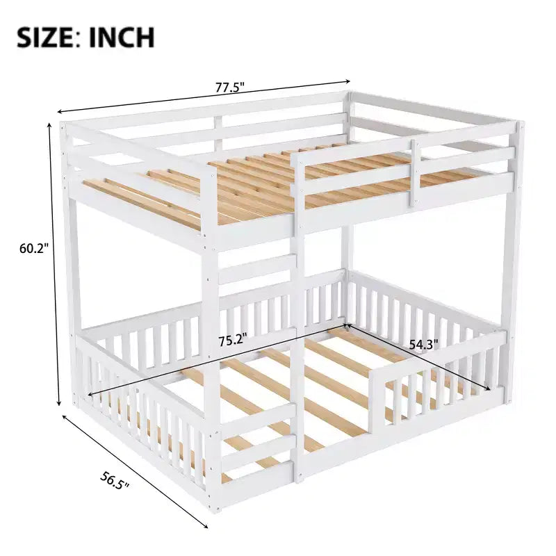 Letto a castello in legno a due piazze con scala e sponde di protezione, letto a castello basso a due piazze con supporto a doghe