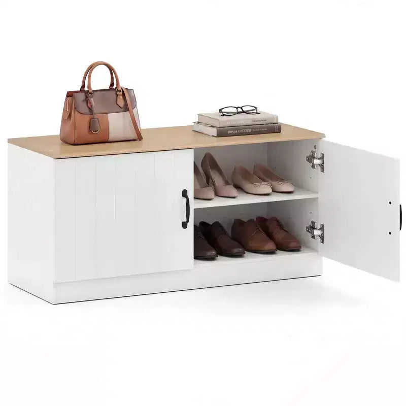 Schuhbank mit 2 Türen, verstellbaren Ablagen und verborgenem Stauraum, Natur + Weiß/Weiß