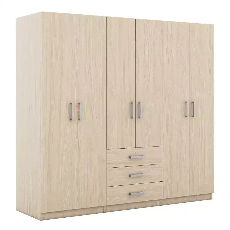 Guarda-roupa de madeira com 6 portas e gavetas para quarto