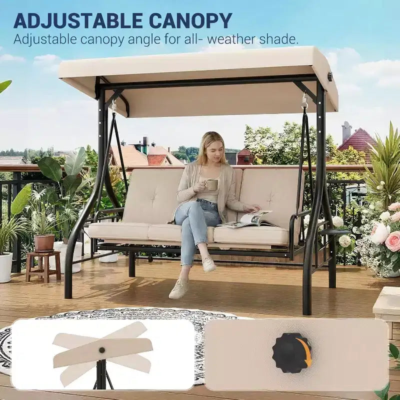2-in-1-Convertible-Gartenschaukel für 3 Personen mit verstellbarem Sonnendach, Gartenschaukelbett mit Gestell, dicken Polstern und Getränkehaltern, für Hinterhof, Garten und Veranda