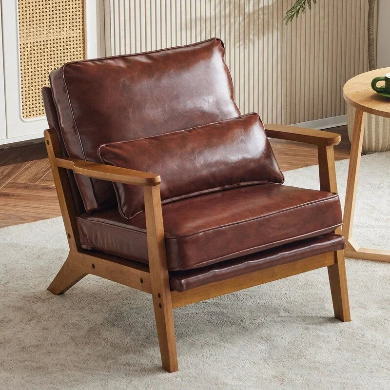 Gepolsterter Akzentstuhl aus Leinenmischgewebe mit Holzbeinen und einem Kissen, Beige