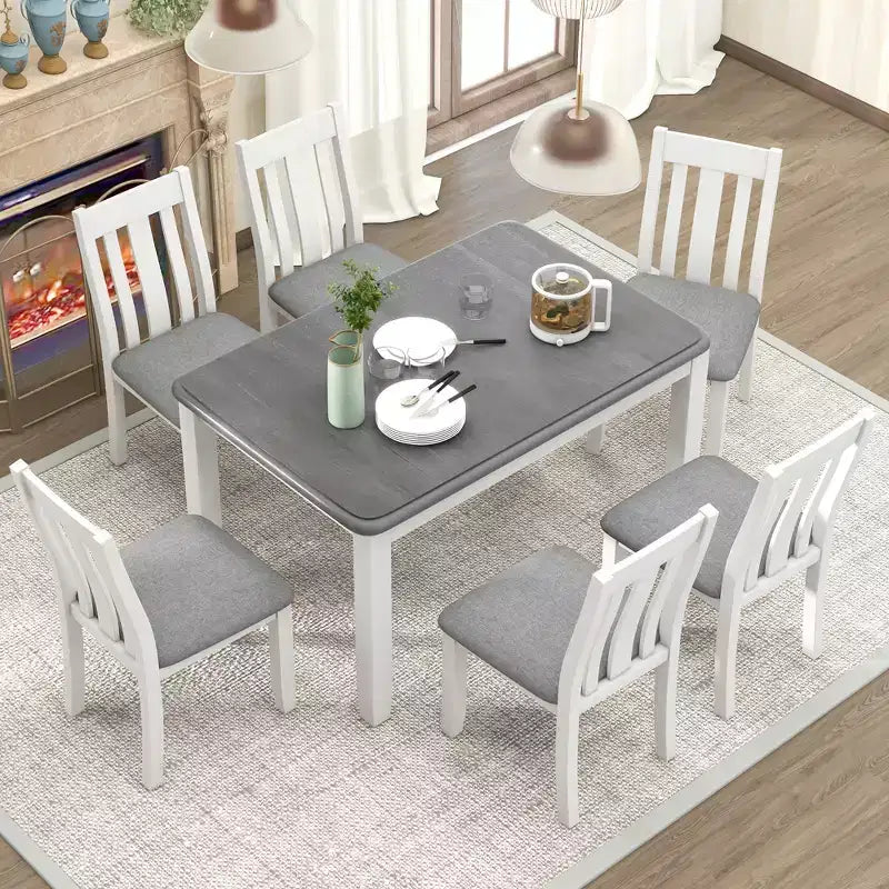 Uitschuifbare eethoekset in landelijke stijl voor 6 personen, rechthoekige tafel en 6 gestoffeerde stoelen