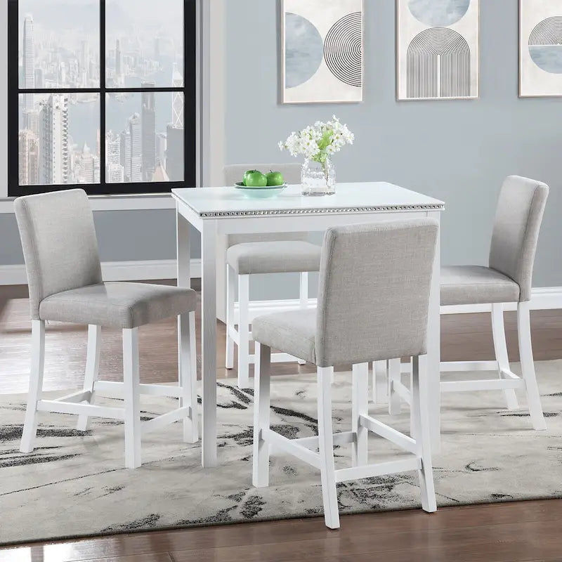 Moderne 5-delige eetset met vierkante tafel op aanrechthoogte en 4 gestoffeerde stoelen