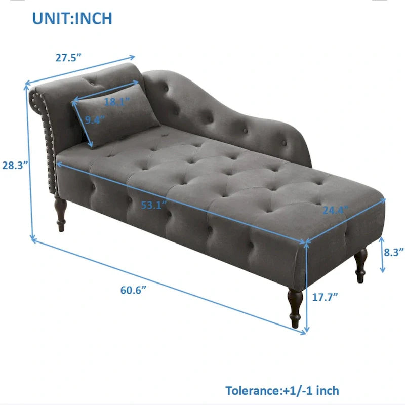 Moderne Chaiselongue, 60.6, mit Samtbezug, Knopfheftung, Beinen aus Massivholz und Ziernägeln