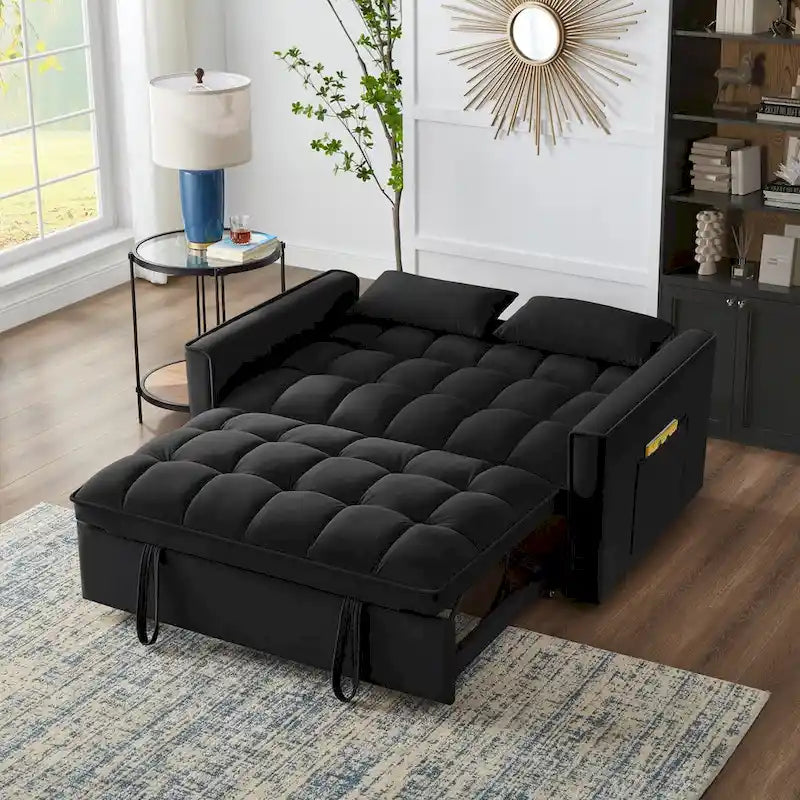Rozkładana sofa dwuosobowa 4 w 1 z podłokietnikami i kieszeniami do przechowywania, wielofunkcyjna pikowana sofa z regulowanym oparciem