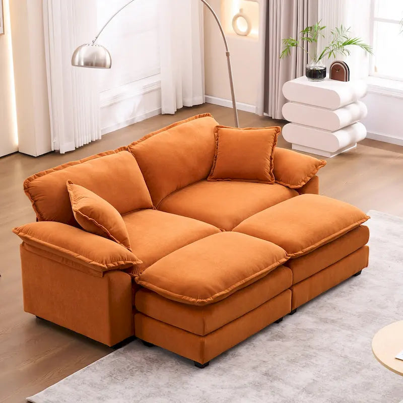 2-Sitzer-Sofa mit 2 Sitzkissen, 2 Kissen und 2 Hockern, bequemes Sofa - tiefes Sofa fürs Wohnzimmer, modulares Sofa