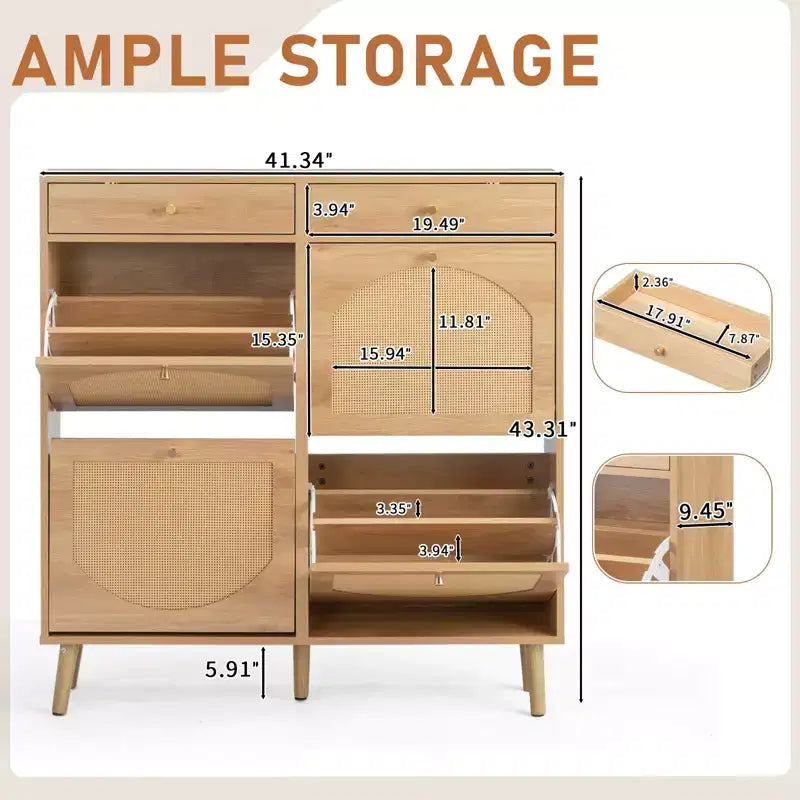Karl Home Schuhschrank mit Rattanfront, 2 Schubladen und 4 Klappfächern aus Spanplatte, 41.34 W