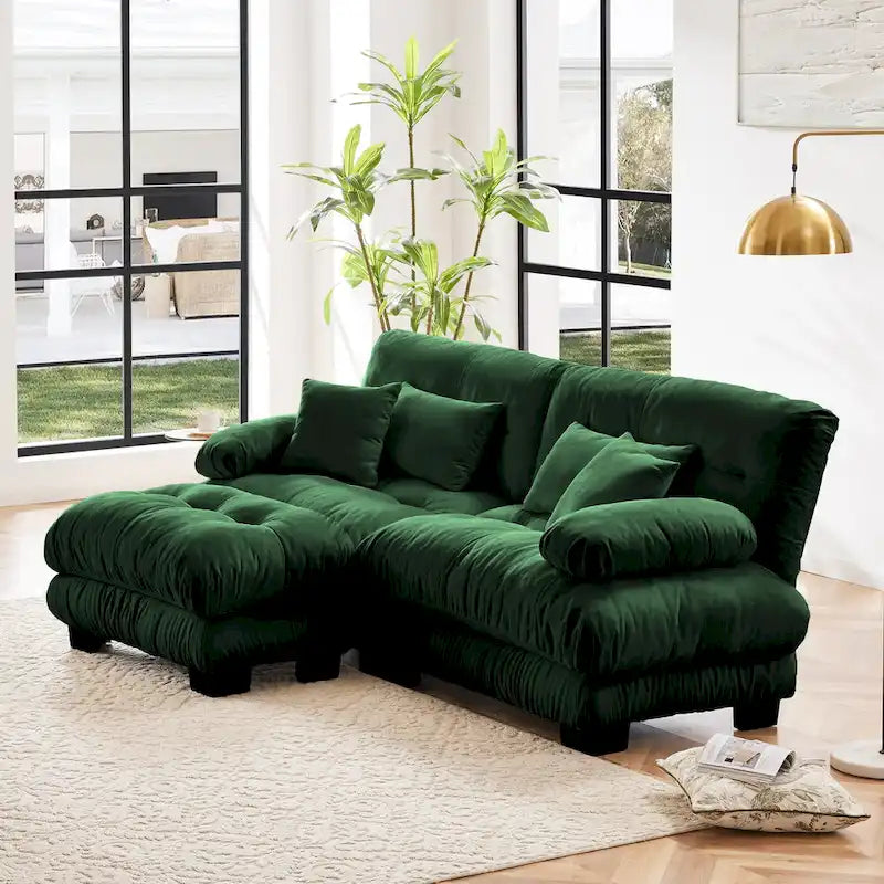 Narożna sofa dwuosobowa w kształcie litery L z tapicerką chenille i poduszkami lędźwiowymi