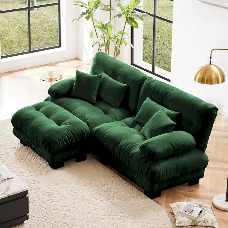 Narożna sofa dwuosobowa w kształcie litery L z tapicerką chenille i poduszkami lędźwiowymi