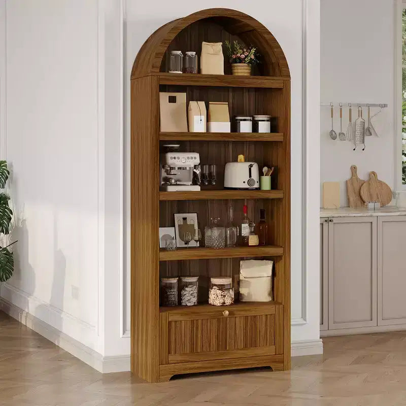 72 Zoll hohes, bogenförmiges Bücherregal mit Schublade, moderner 6-stufiger Holzschrank mit offenen Ablagen und unterer Schublade, geschwungene Schranktür
