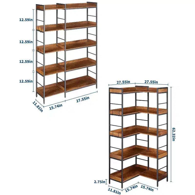 Libreria angolare a L con 5 ripiani, 65, in legno e metallo stile industriale (marrone rustico), con contenitori reversibili per soggiorno, camera da letto e ufficio domestico