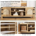 65-inch Bohemian-style TV stand with wicker door - Wooden entertainment center with two cabinets and adjustable shelves, suitable for living rooms