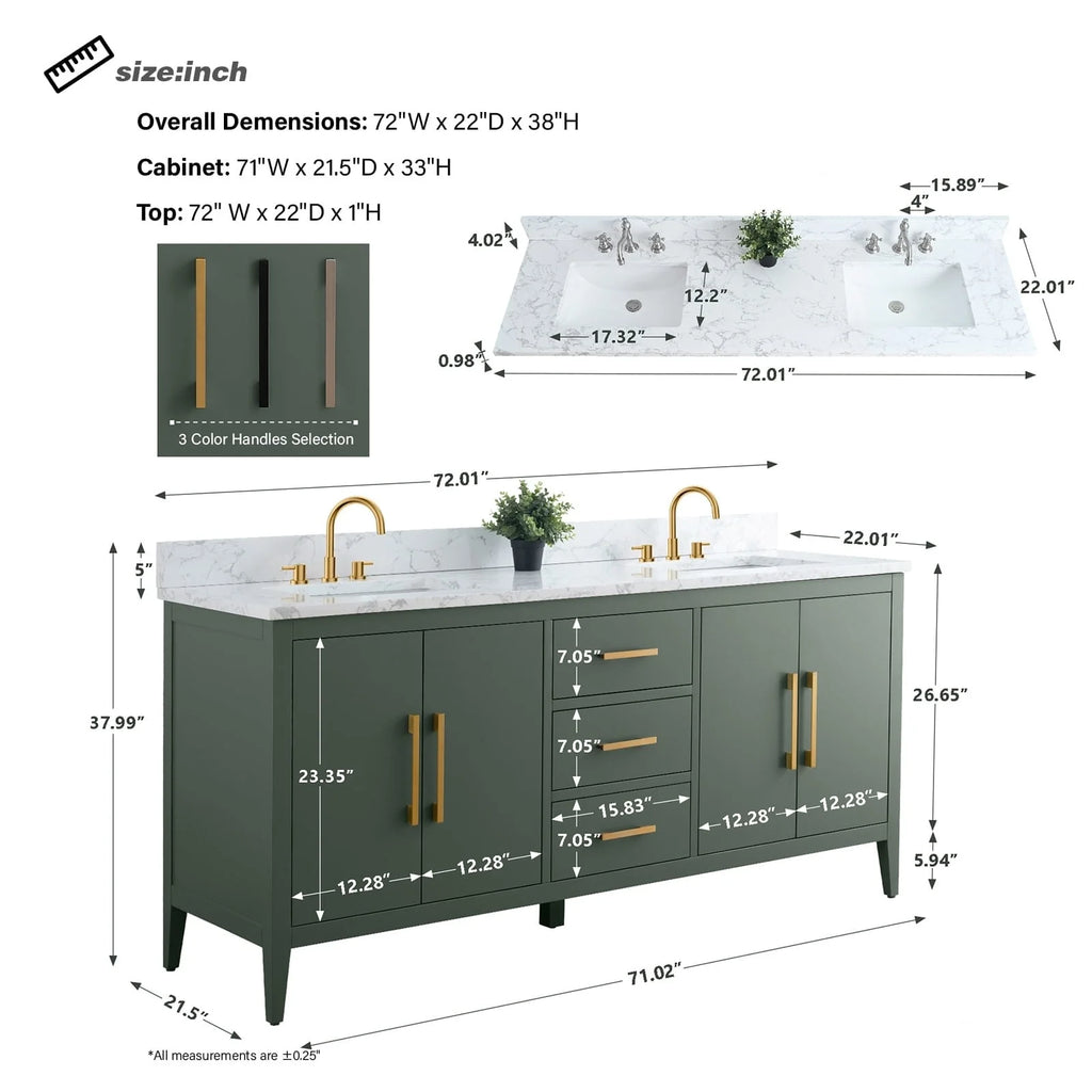 Vanity Art badkamermeubel van 72 met dubbele wastafel en een blad van kunstmarmer