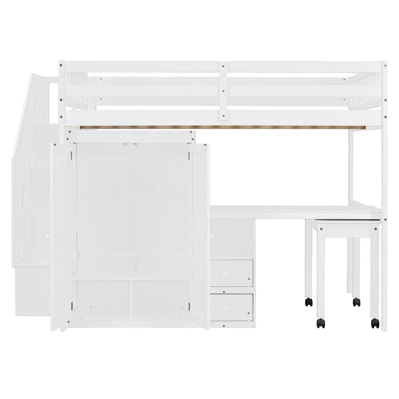 Lit mezzanine taille double avec escalier, bibliothèque, bureau et armoire - meuble multifonctionnel gain de place pour enfants et adolescents-Blanc