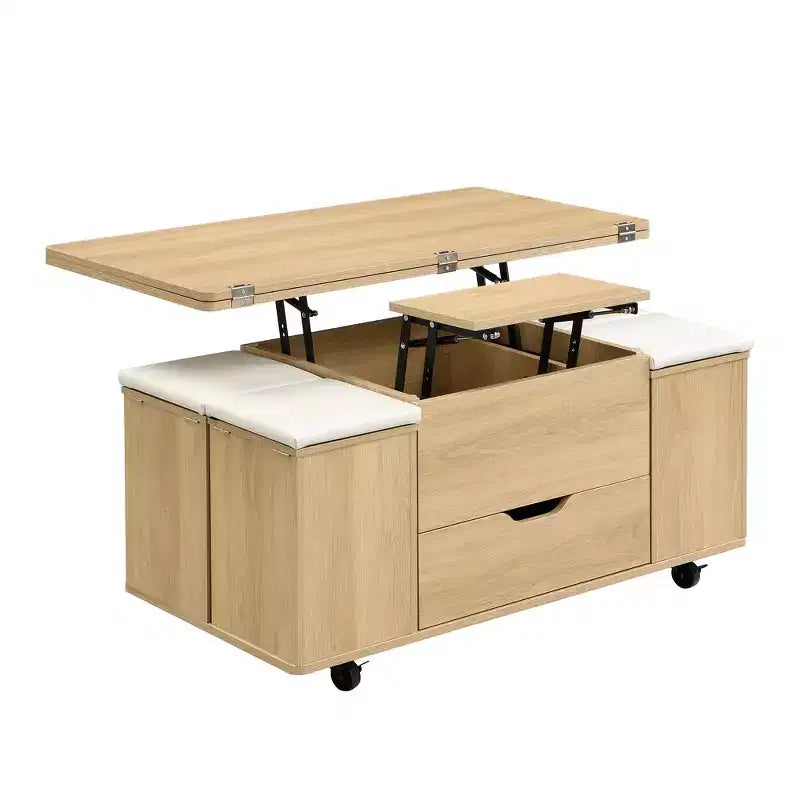 Table basse moderne multifonctionnelle à plateau relevable avec rangement caché, 4 tabourets et roulettes, idéale pour les espaces de vie modernes