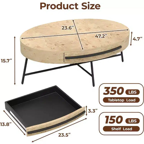 Acekool Oval Coffee Table with Drawer, 47.2 Wooden Storage Table with Cross Metal Legs  Mid-Century Modern Center Table in Natural & Golden Willow
