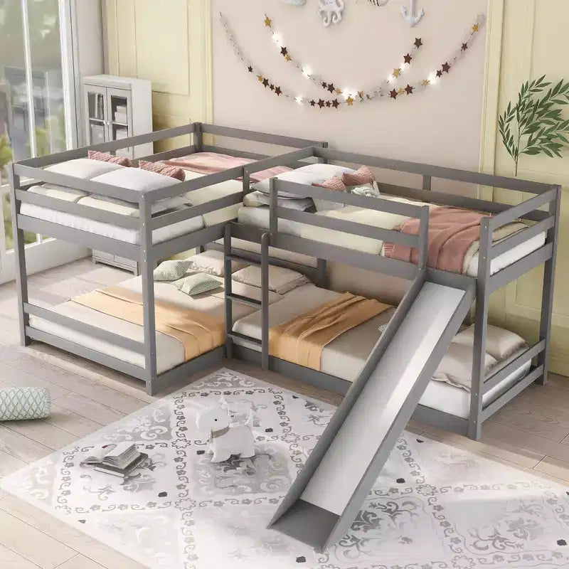 L-förmiges Etagenbett für 4 Kinder, Vierer-Etagenbett mit Rutsche und Bettgestell aus Holz in Full- und Twin-Size für Schlafzimmer und Wohnheim