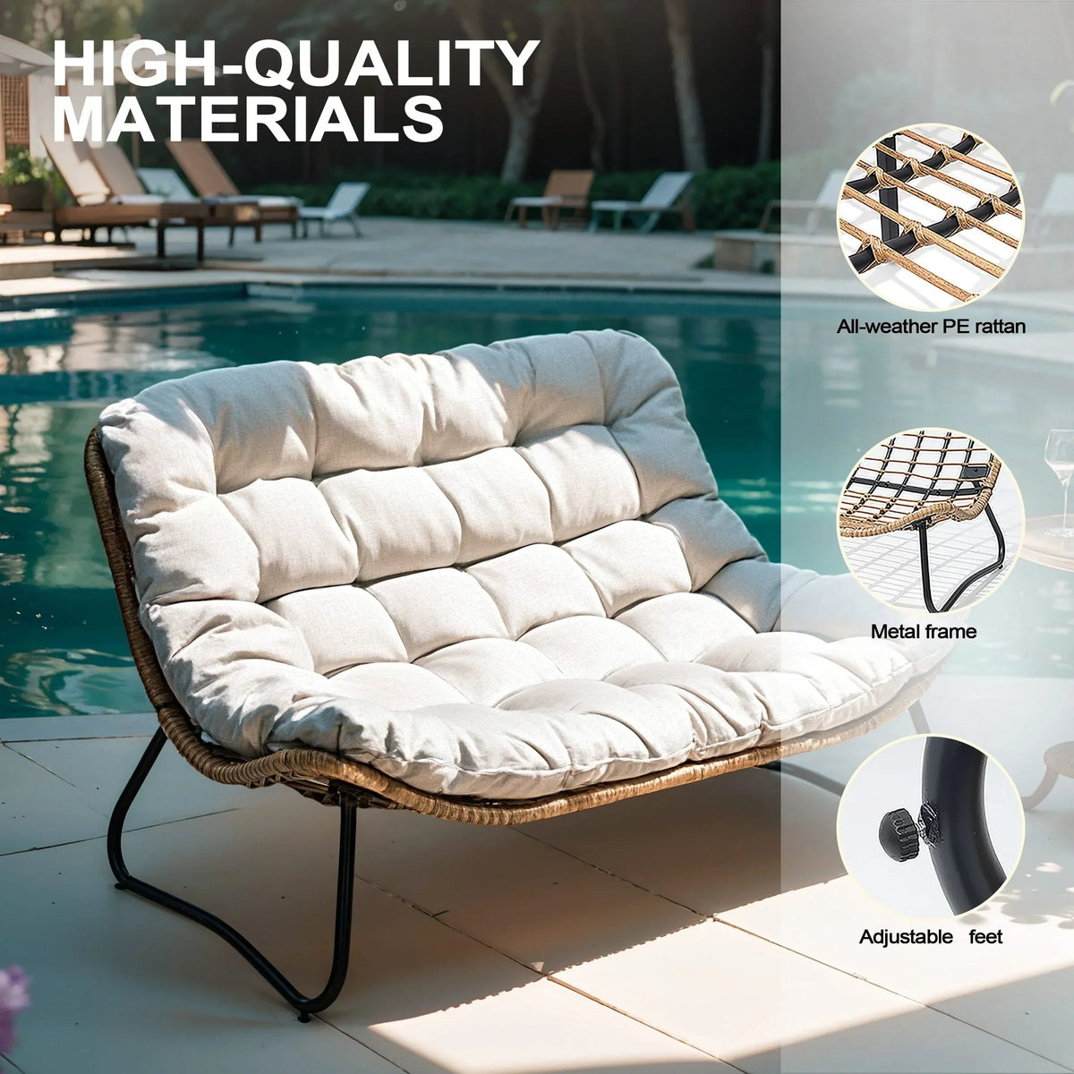 Poltrona doppia Papasan con cuscino, in rattan PE resistente a tutte le condizioni atmosferiche e struttura in metallo, per interni ed esterni