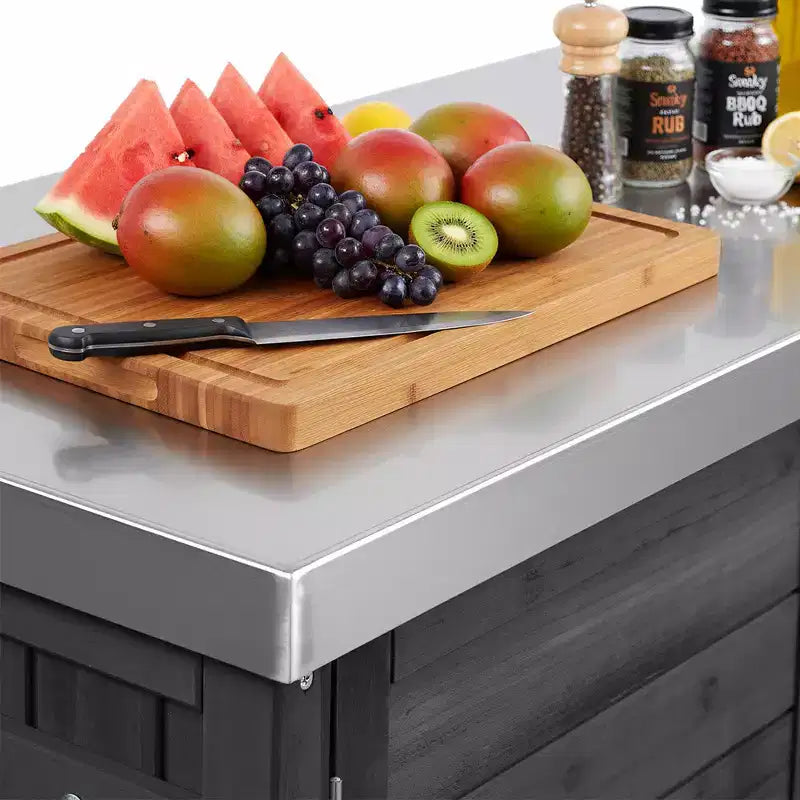 Isola da cucina da esterno da 78.3 pollici con piano in acciaio inox, postazione barbecue pieghevole e armadietti contenitori, nera