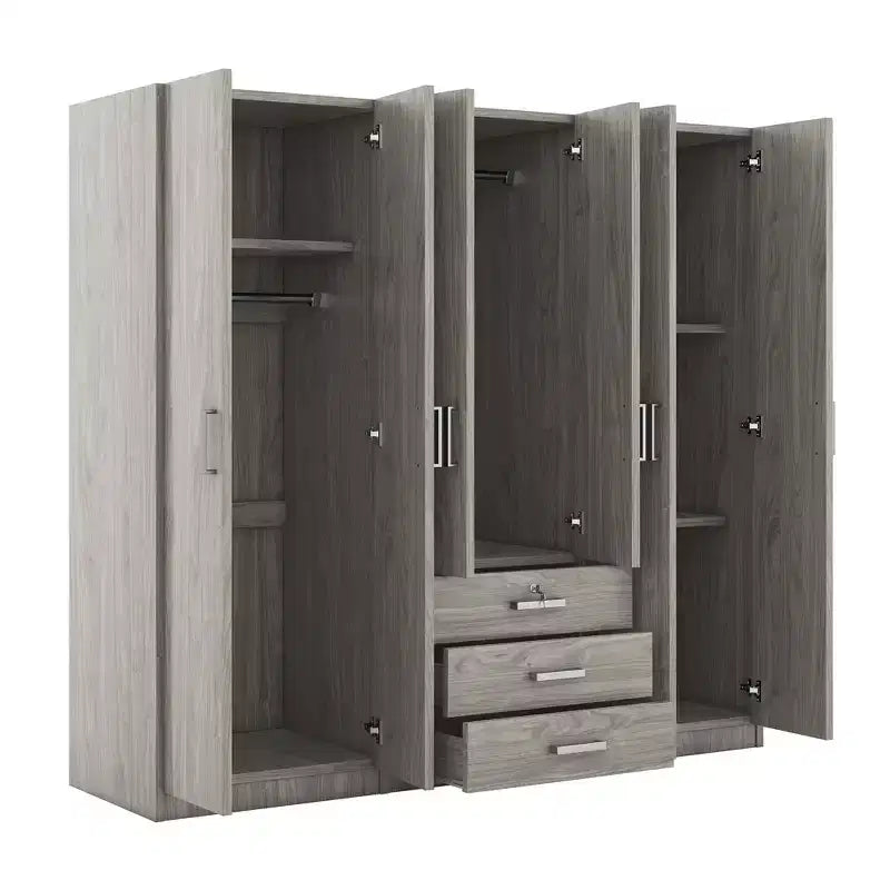 Guarda-roupa de madeira com 6 portas e gavetas para quarto