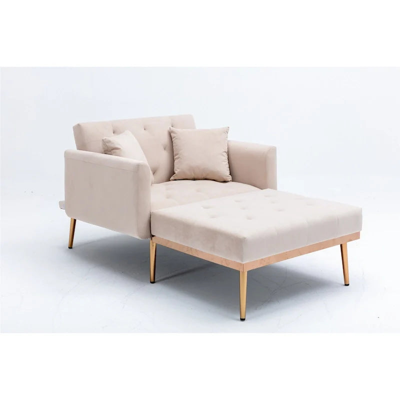 Poltrona letto da salotto in velluto con imbottitura capitonné e piedini color oro rosa