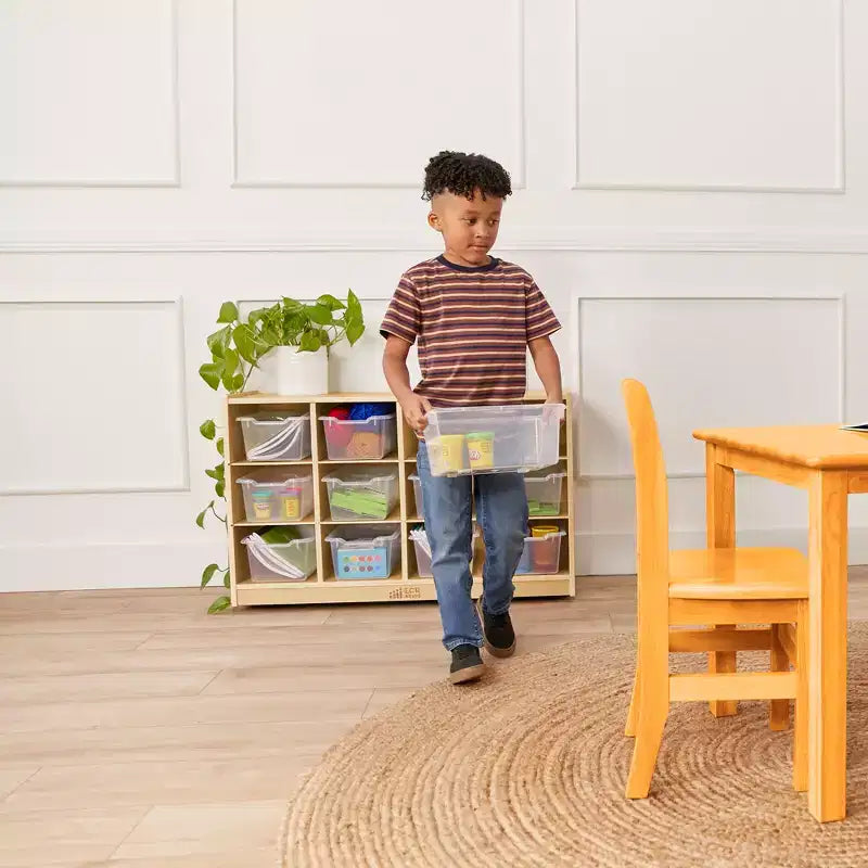 Mobiler Fächerschrank mit Tablettfächern und 15 Behältern mit Schaufelfront, 3x4, Kindermöbel