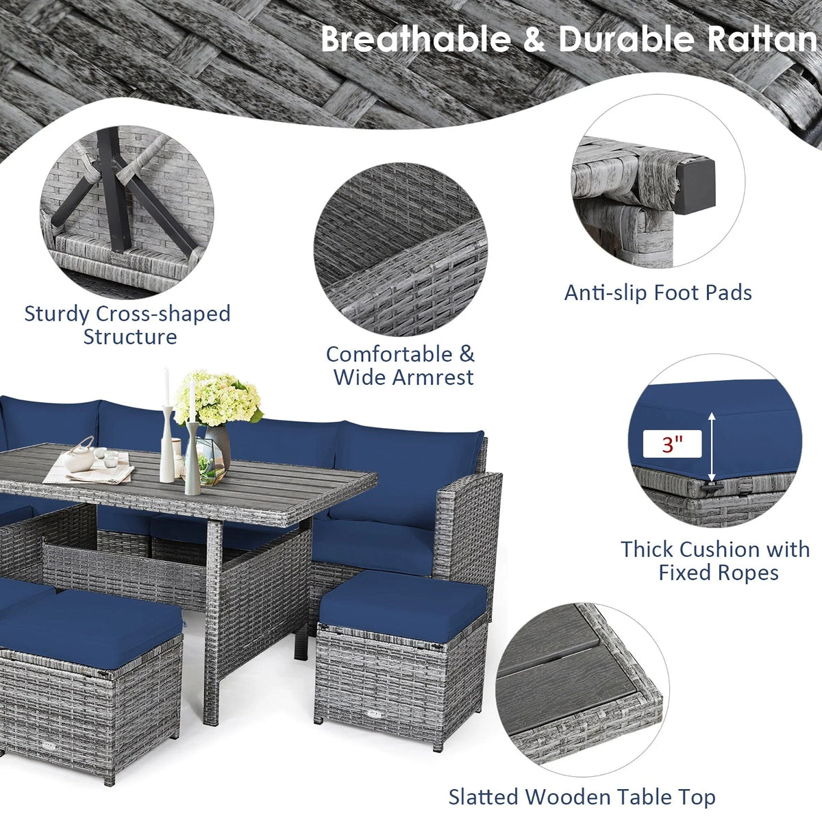 Costway 7-teiliges Ess-Set aus Polyrattan für die Terrasse mit Ecksofa und Hocker - Details ansehen