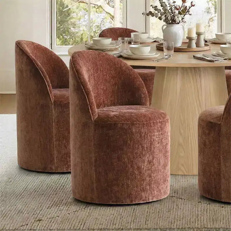 Conjunto de jantar moderno para 6 pessoas, mesa redonda com pé central, cadeiras giratórias tipo barril com rodas, chenille texturizado - Panipeachy