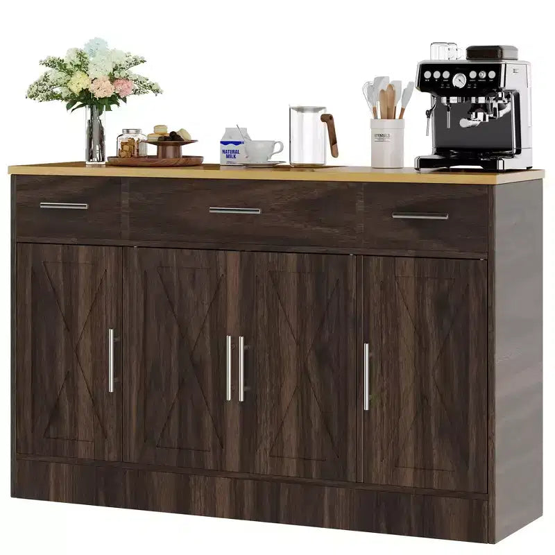Aparador Celebalcony com arrumação, armário de cozinha grande de 53.4 com 3 gavetas e 4 portas, prateleira ajustável para cozinha e sala de estar