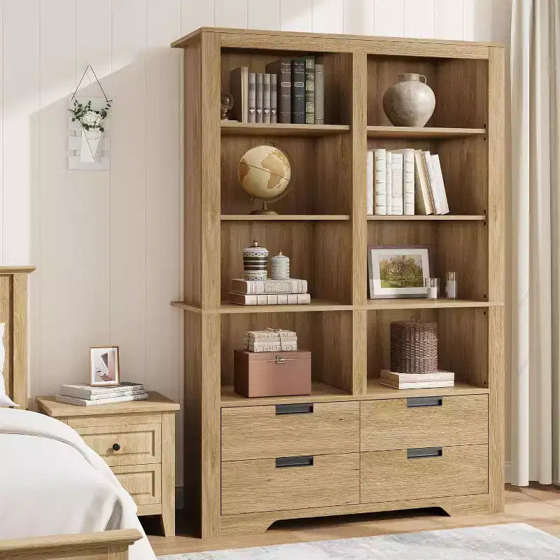 Libreria alta 72 con 4 cassetti, libreria autoportante in stile rustico da fattoria per camera da letto, soggiorno e ufficio domestico