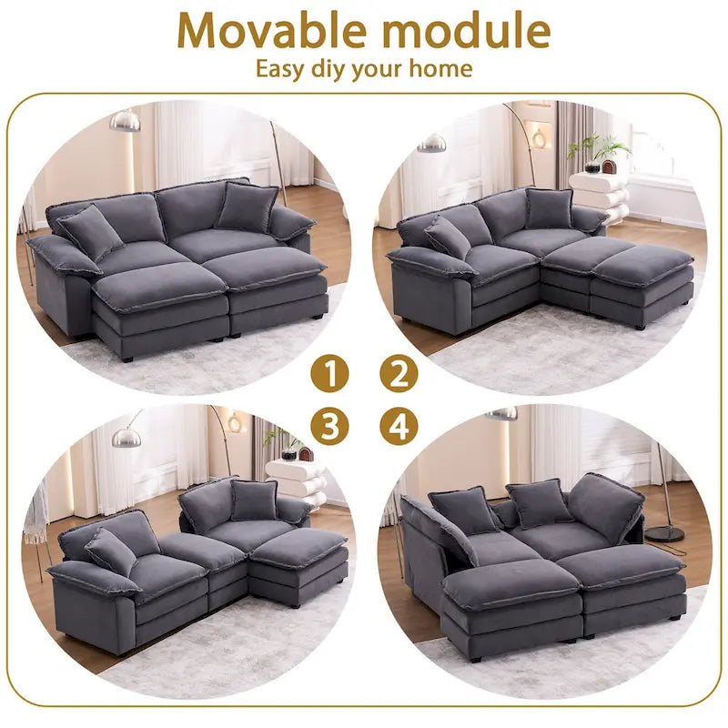 2-Sitzer-Sofa mit 2 Sitzkissen, 2 Kissen und 2 Hockern, bequemes Sofa - tiefes Sofa fürs Wohnzimmer, modulares Sofa