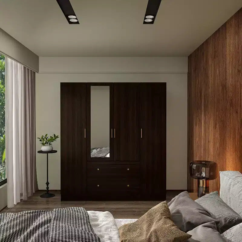 Armário Hitow com 2 gavetas grandes, zona central para pendurar roupa e espelho, estilo minimalista