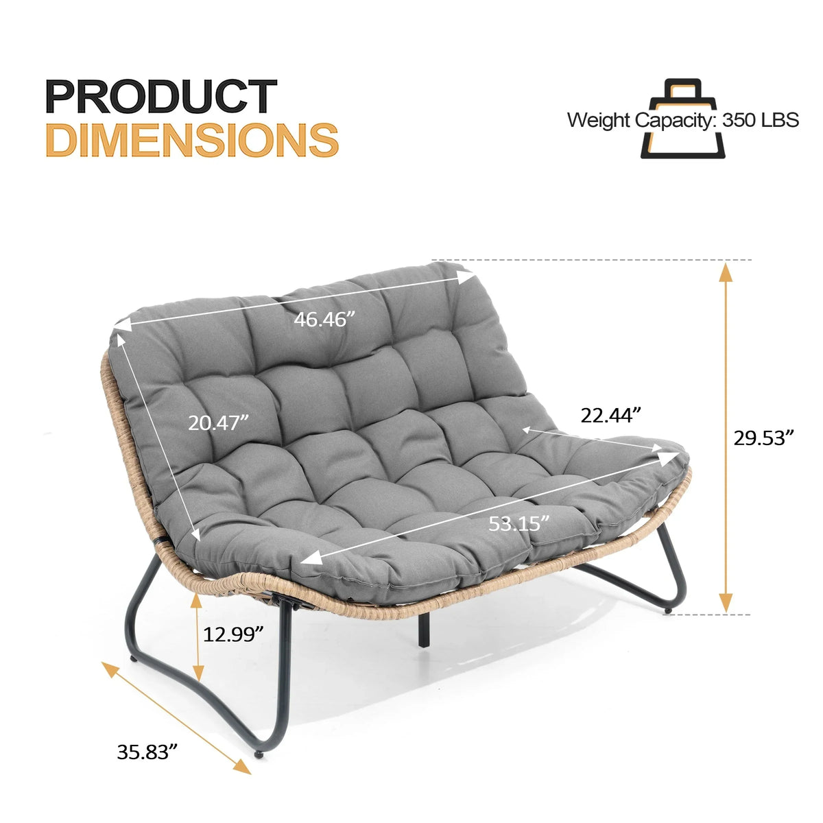 Poltrona doppia Papasan con cuscino, in rattan PE resistente a tutte le condizioni atmosferiche e struttura in metallo, per interni ed esterni