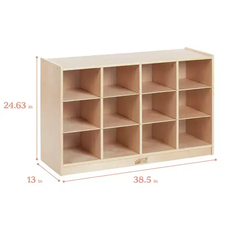 Mobiler Fächerschrank mit Tablettfächern und 15 Behältern mit Schaufelfront, 3x4, Kindermöbel