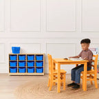 Mobiler Fächerschrank mit Tablettfächern und 15 Behältern mit Schaufelfront, 3x4, Kindermöbel