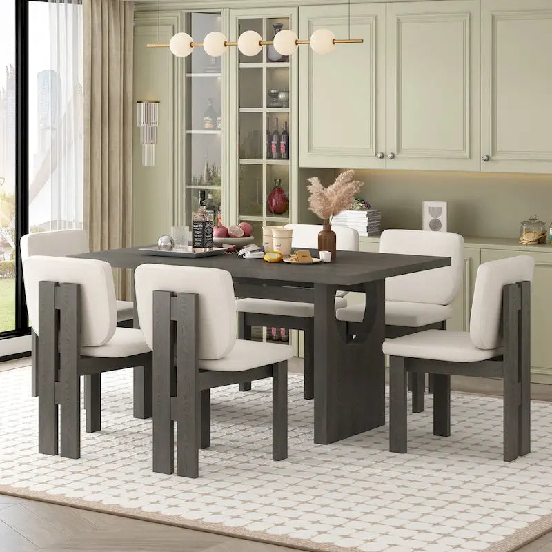 Conjunto de jantar de madeira de estilo de transição, com 7 peças, mesa retangular e 6 cadeiras