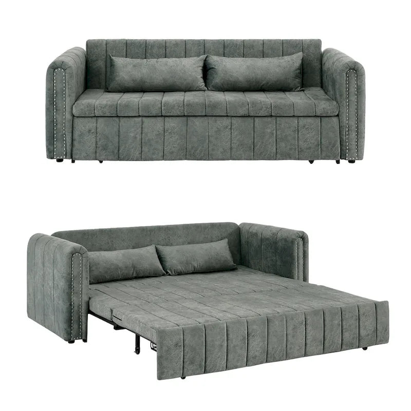 Nowoczesna rozkładana sofa z funkcją spania, tapicerowana aksamitem, z zaokrąglonymi podłokietnikami ozdobionymi miedzianymi ćwiekami