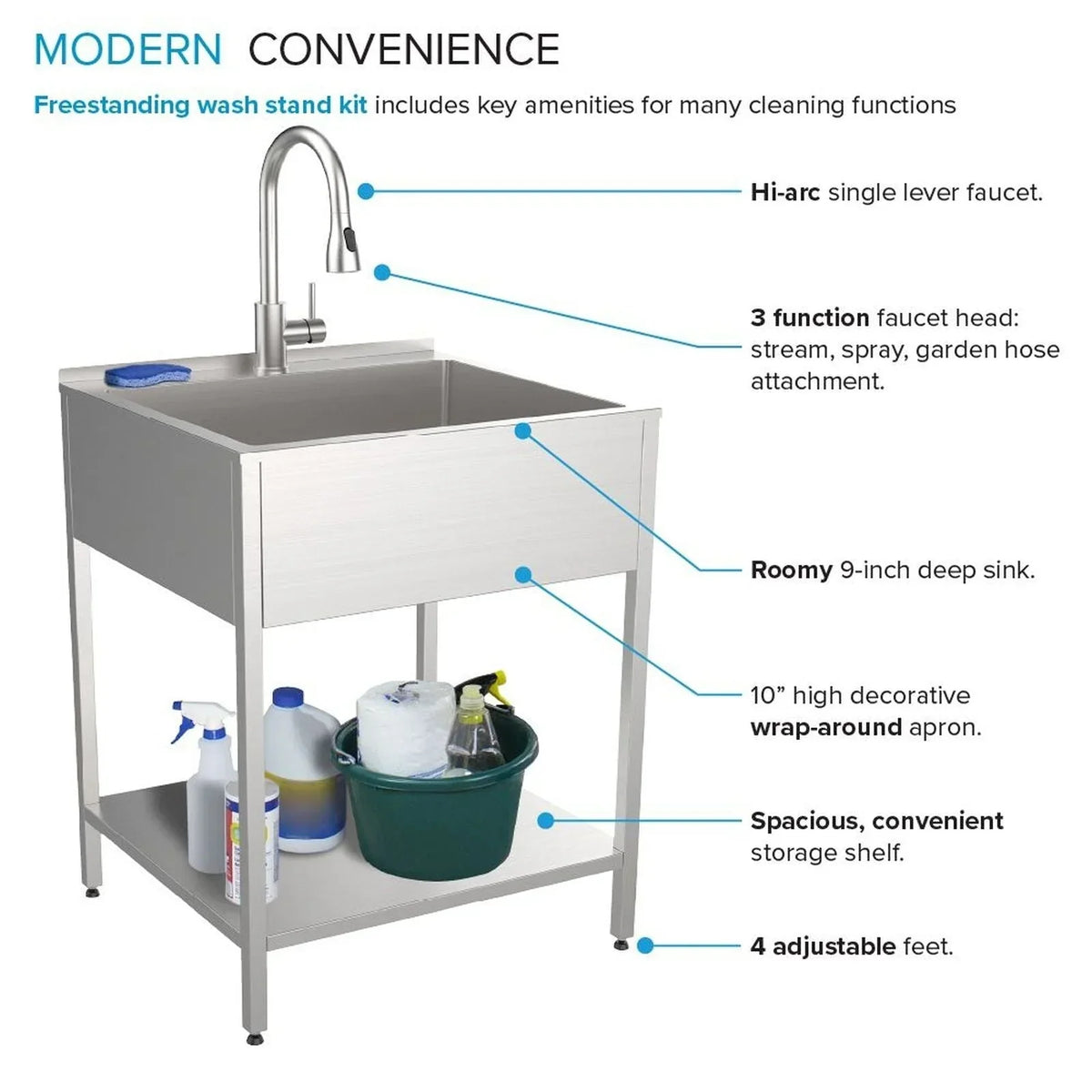 Lavatoio per lavanderia con mobile, in acciaio inox, 24-in W x 22-in D x 35-in H