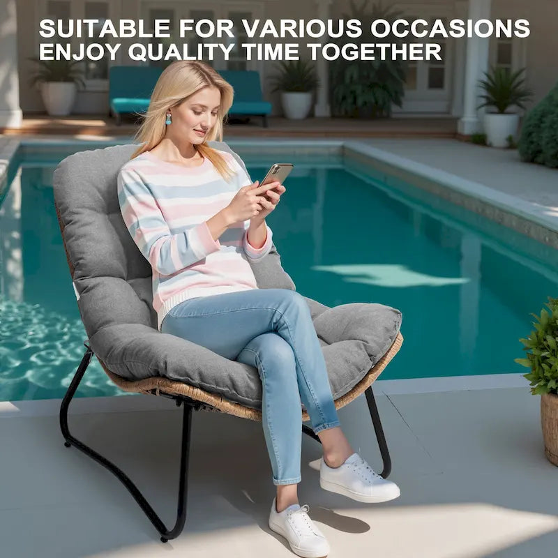 Fauteuils Papasan d’extérieur avec coussin en rotin PE, fauteuils confortables pour terrasse avec table d’appoint