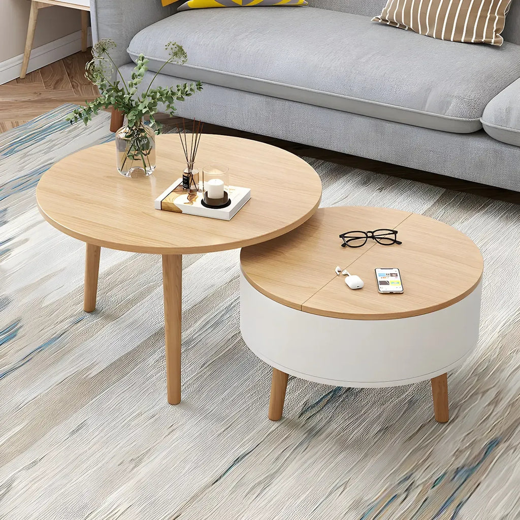 Moderne ronde houten salontafel in zwart-wit met opbergruimte