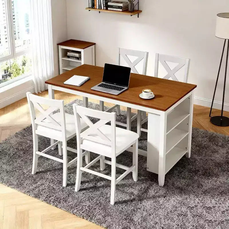 Set Homy Casa da 5 pezzi con tavolo da pranzo e sedie ad altezza bancone, ripiani contenitori, bianco e noce, stile rustico moderno