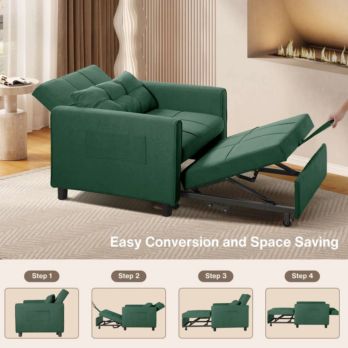 Sofá-cama ajustável 3 em 1, sofá-cadeirão extensível, cama dobrável convertível para sala de estar