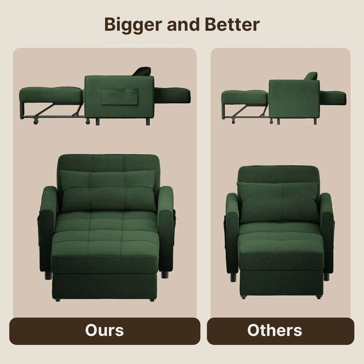 Sofá-cama ajustável 3 em 1, sofá-cadeirão extensível, cama dobrável convertível para sala de estar
