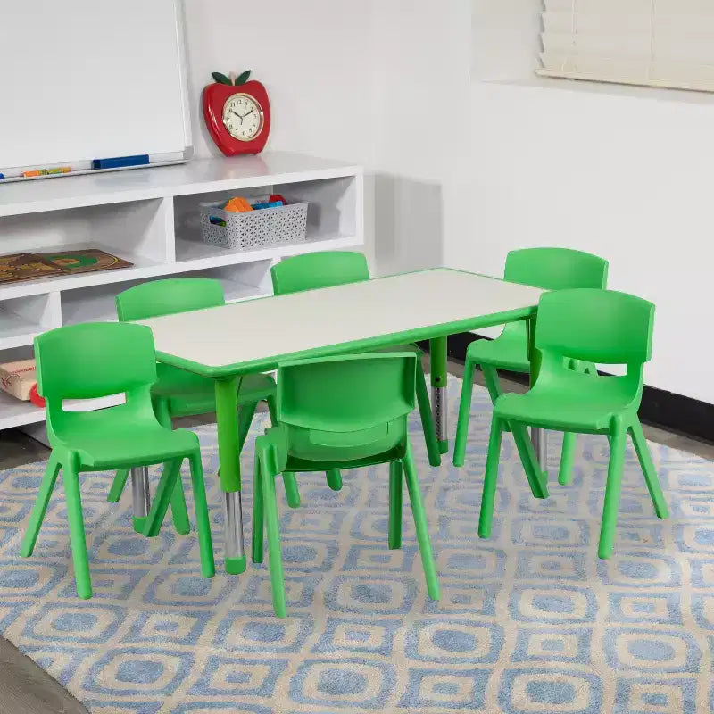 Conjunto Emma and Oliver de mesa retangular de atividades em plástico, com altura ajustável, 23.625W x 47.25L e 6 cadeiras