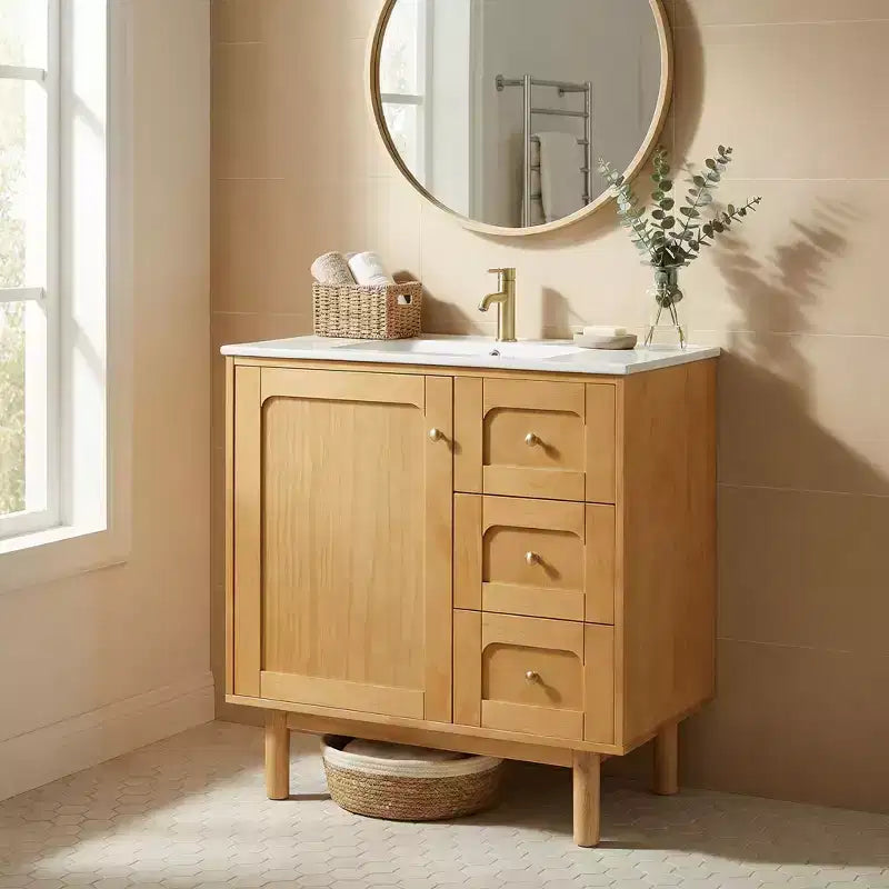 JVNOXK Keramik-Waschtischunterschrank, 30 Zoll, rustikal-modern, mit 3 Schubladen und 1 großen Tür mit Soft-Close-Funktion, Aufbewahrungsschrank, natürliche Holzmaserung