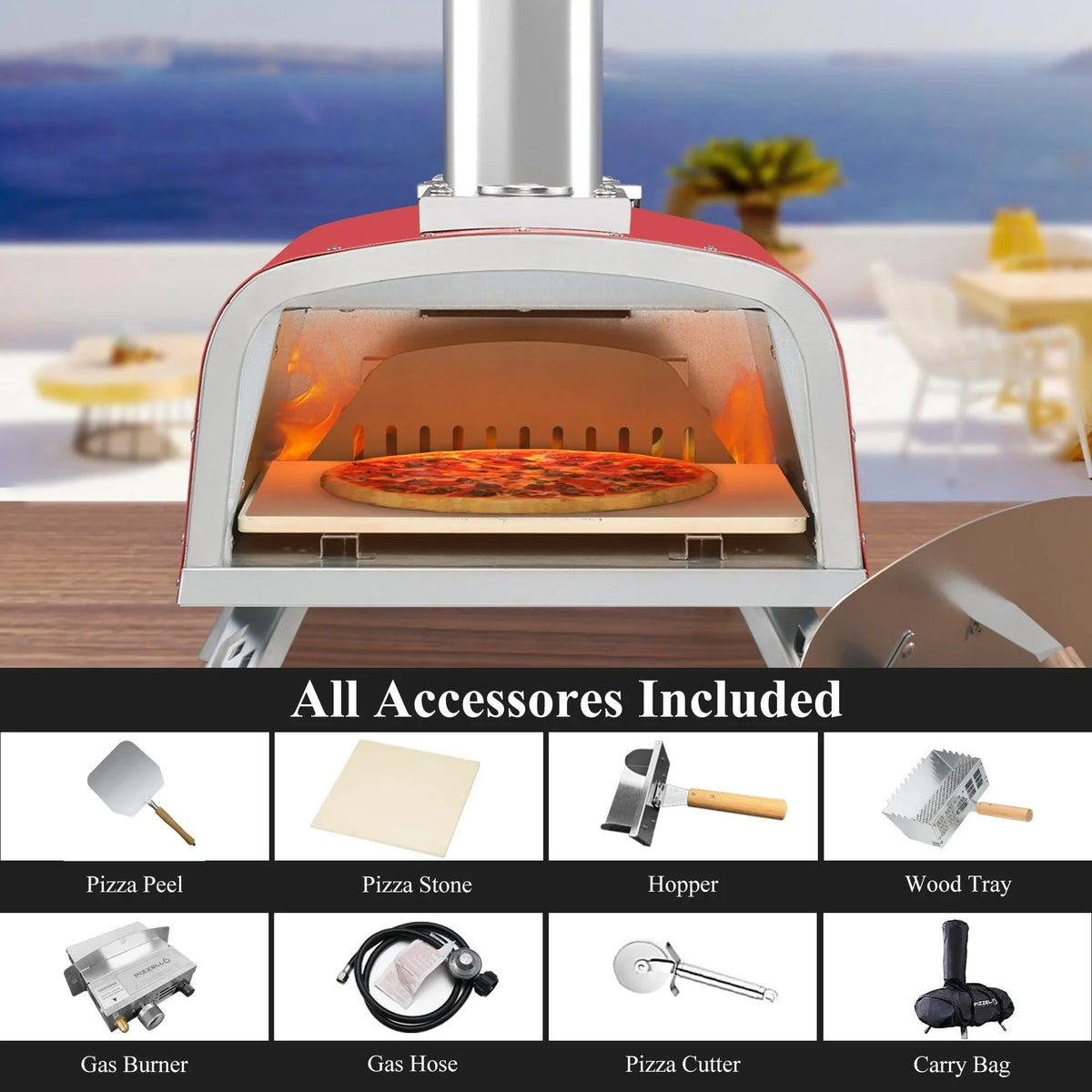 Multifuel-Pizzaofen für draußen, Pizzabäcker für Steinofenpizza mit Gasbrenner und Holzbox - 12 inch