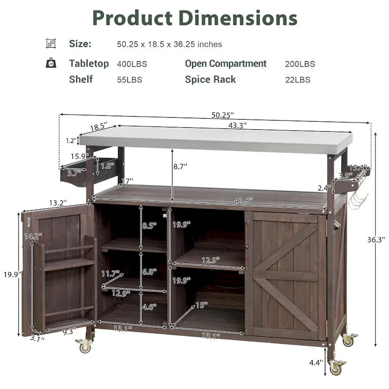 Îlot de cuisine d’extérieur, chariot de bar roulant et meuble de rangement, table de barbecue en bois massif avec plateau en acier inoxydable, porte-épices, porte-serviettes